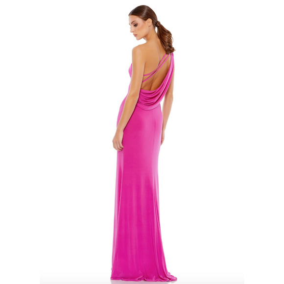 MAC DUGGAL Dress Size 2 Evening Gown Jersey Pink One Shoulder Draped Back NEW - Picture 2 of 7
